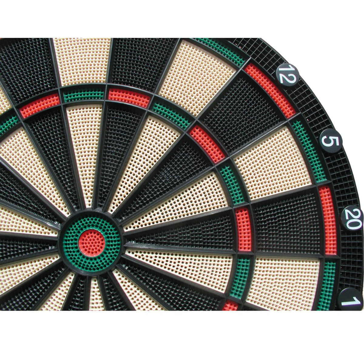 Detail van de genummerde segmenten en gekleurde vakken op een elektronisch dartbord.