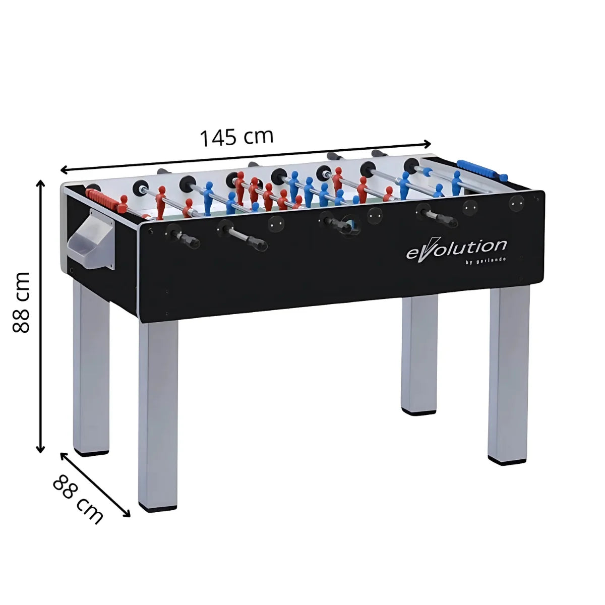 Maattekening van de voetbaltafel met labels 145 cm lang, 88 cm hoog en 85 cm breed.