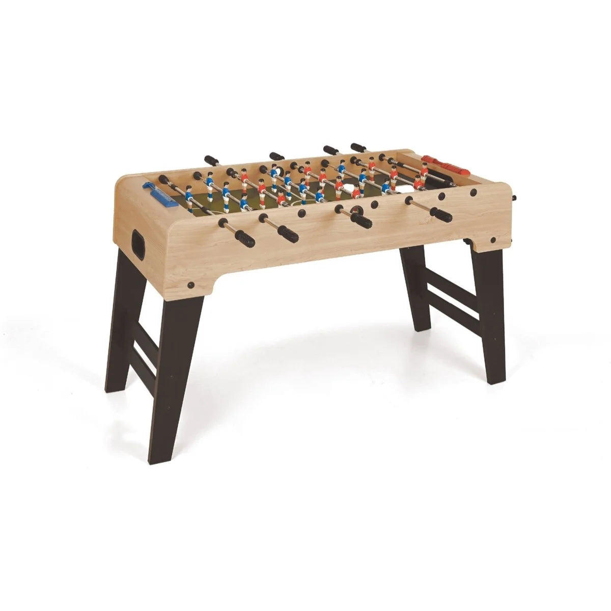 Blauwe speelpop op een stang staat scherp op de voorgrond; rode en blauwe spelers zijn vervaagd op de achtergrond.