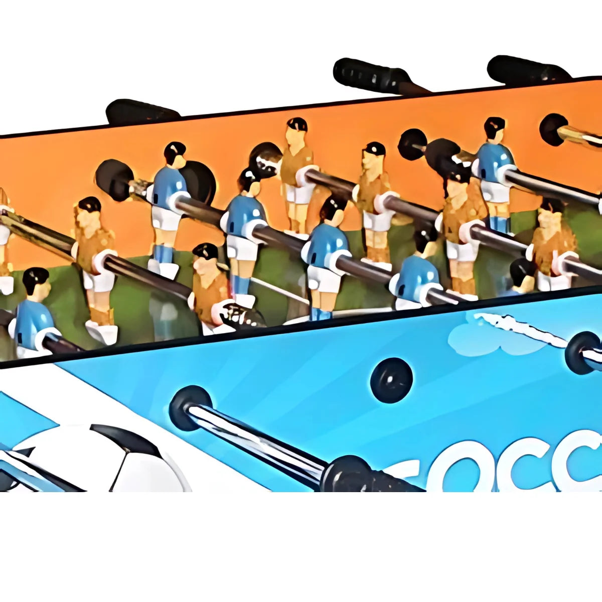 Close-up van de stangen met gekleurde spelers op een voetbaltafel met blauwe en oranje zijkanten.