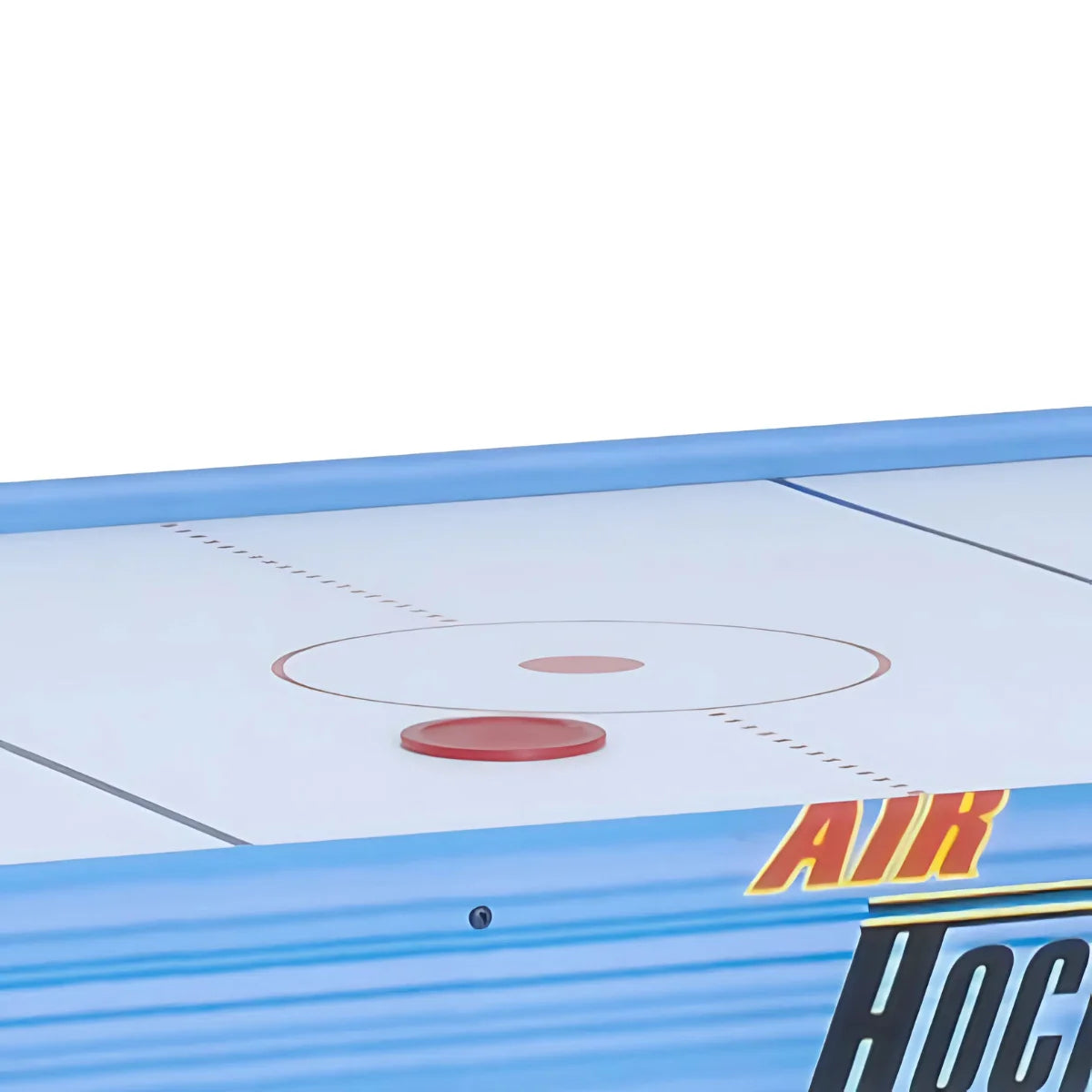 Wit airhockeyveld met rode markeringen en de tekst ‘AIR HOCKEY’ op de blauwe rand.