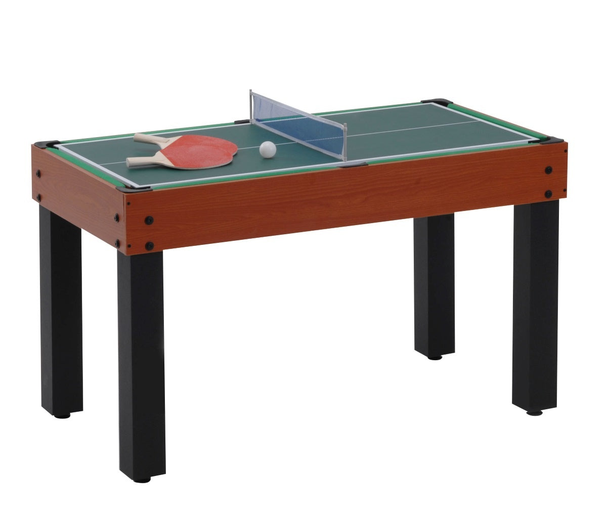 Houten speeltafel met groen tafeltennisblad, net, twee batjes en een witte bal.