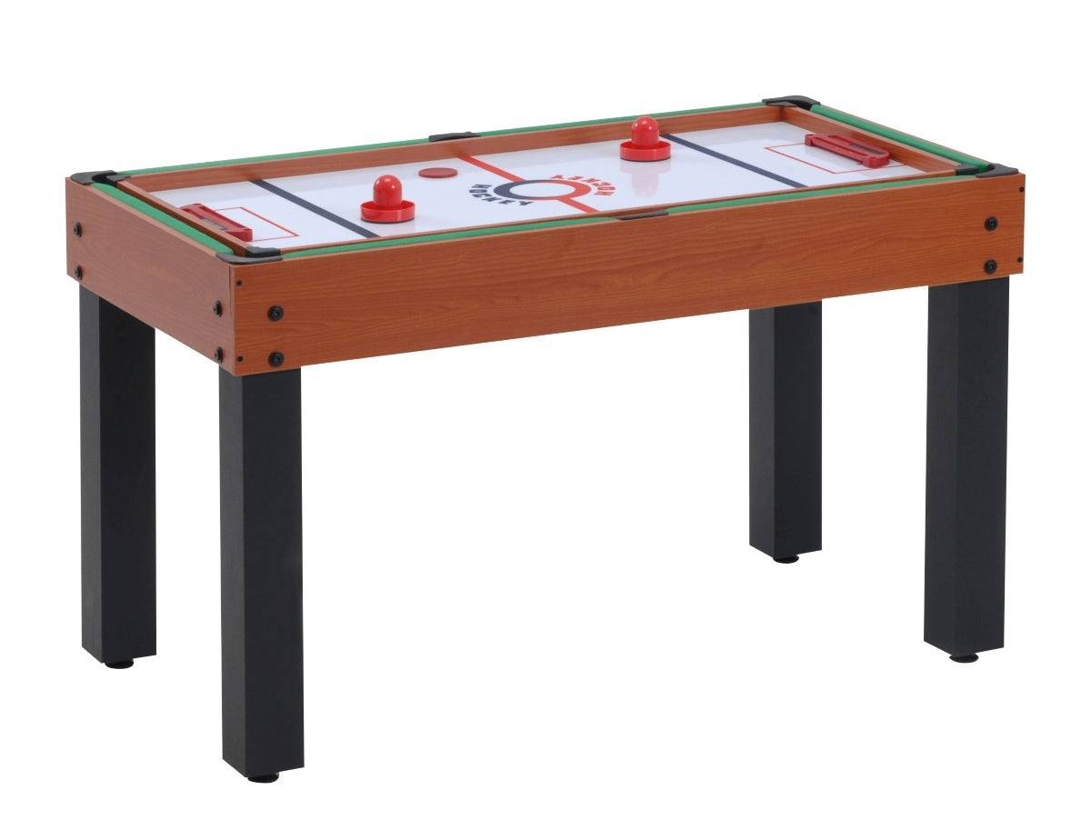 Houten speeltafel met wit airhockeyblad, rode lijnen en rode puckschuivers.