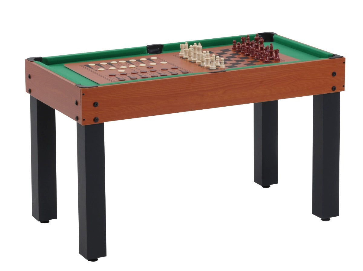 Houten speeltafel met kegels en een rode bal op een gemarkeerd speelblad.