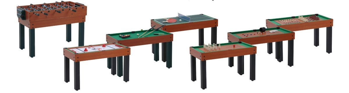 Overzichtsillustratie van de houten speeltafel in verschillende spelopstellingen, waaronder tafelvoetbal, tafeltennis, airhockey en biljart.