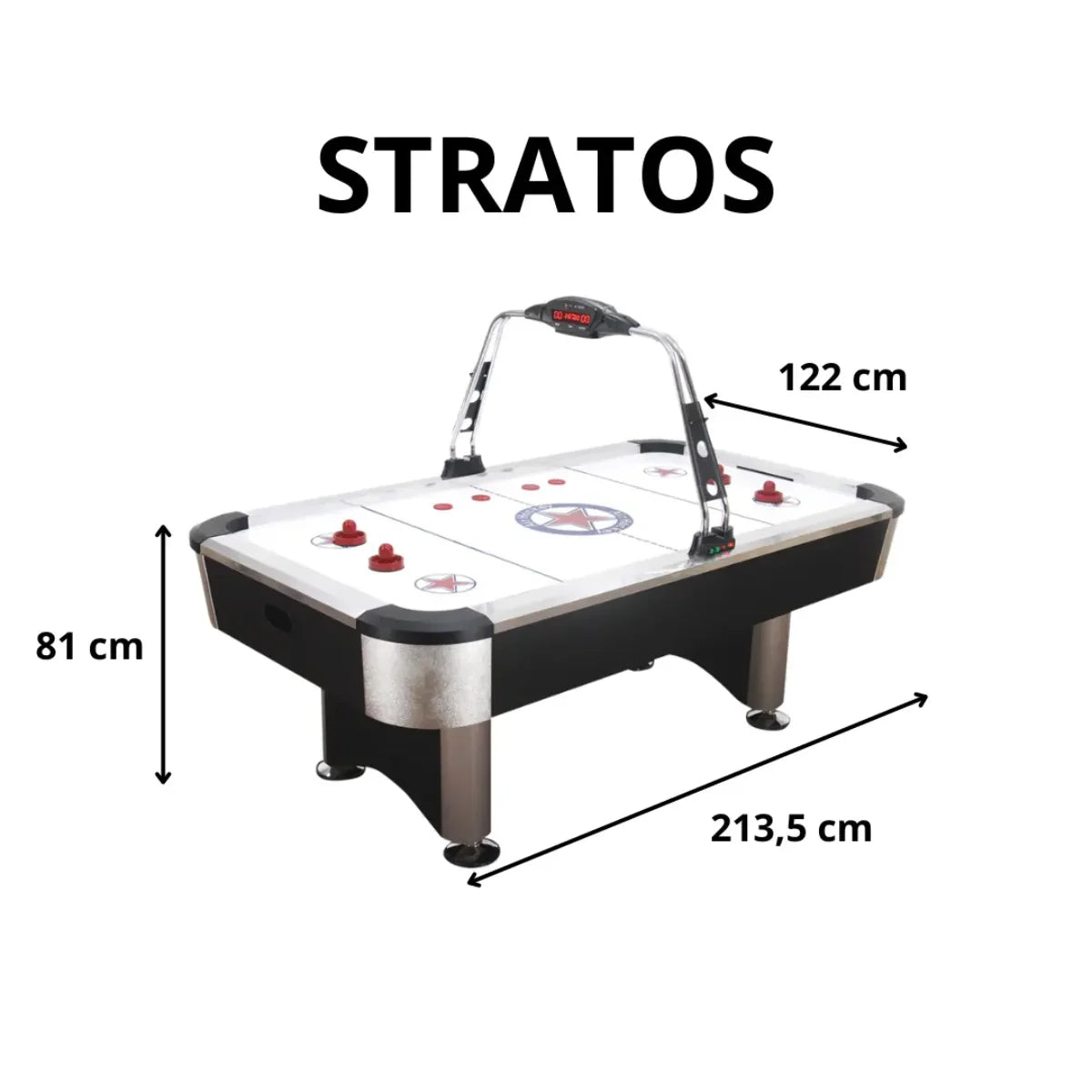 Airhockeytafel met opschrift “STRATOS” en maatlabels 81, 122 en 213,5 cm.