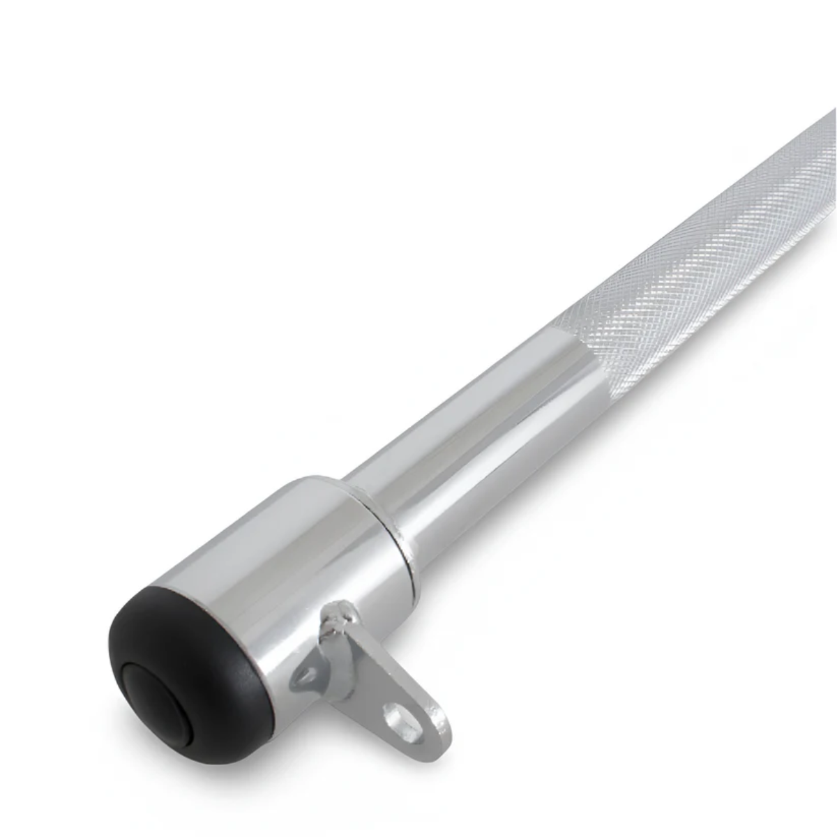 Close-up van het uiteinde van een metalen stang met twee haakbevestigingen.