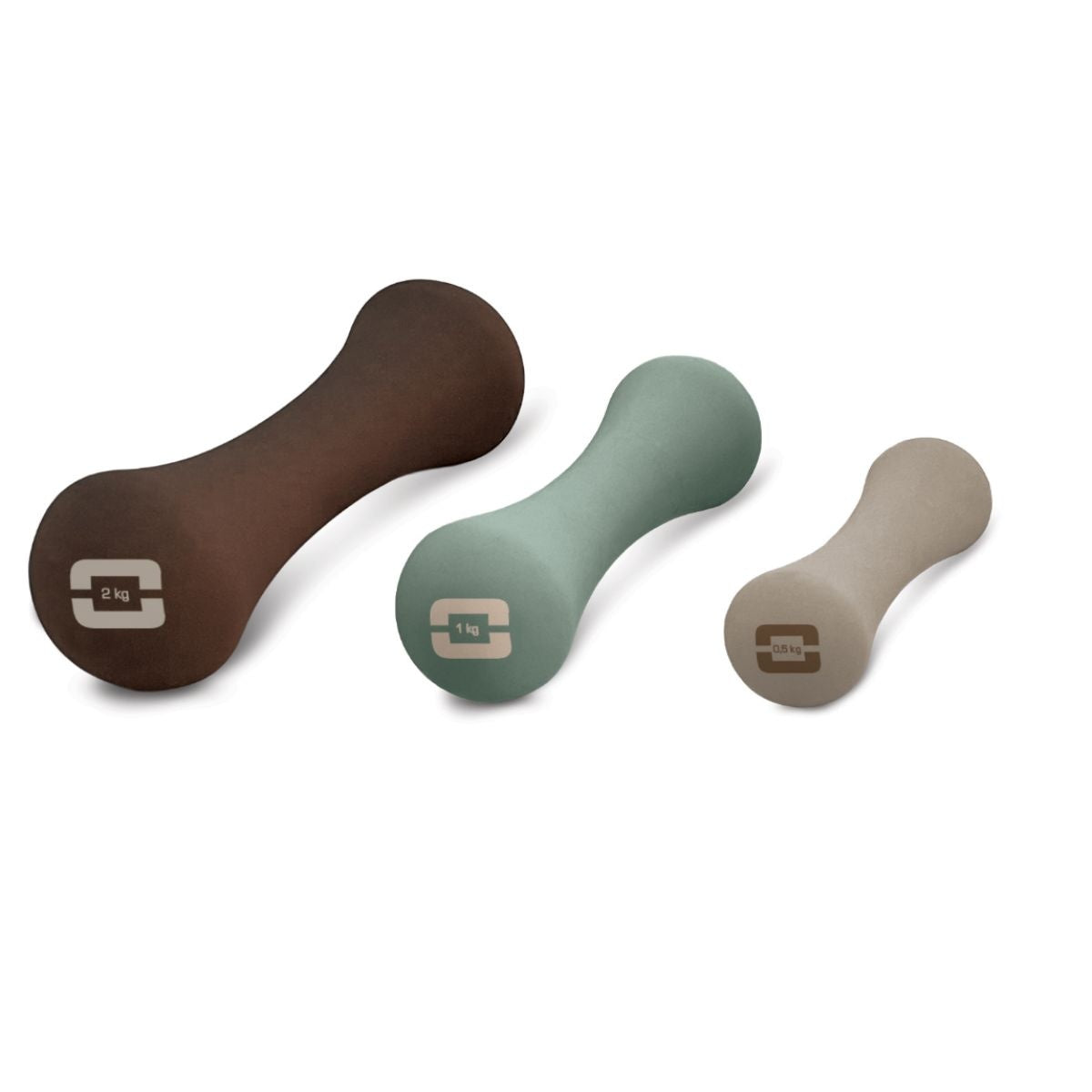Drie neopreenhalters in bruin, groen en beige, naast elkaar.
