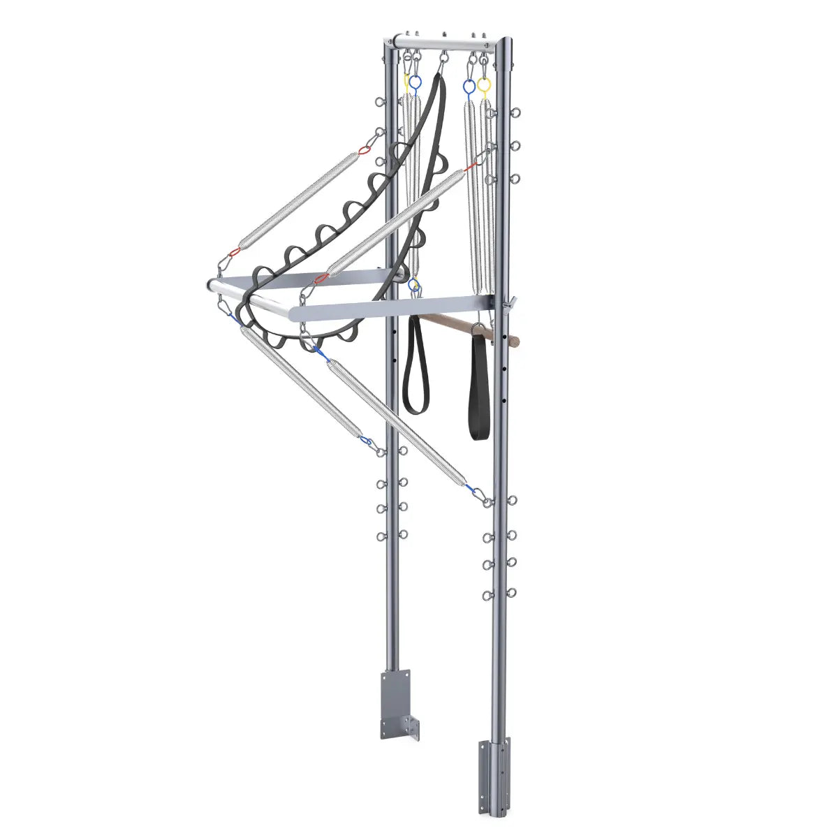 Vrijstaand zilverkleurig Pilates Tower-frame met metalen dwarsbalken, veren en zwarte banden.