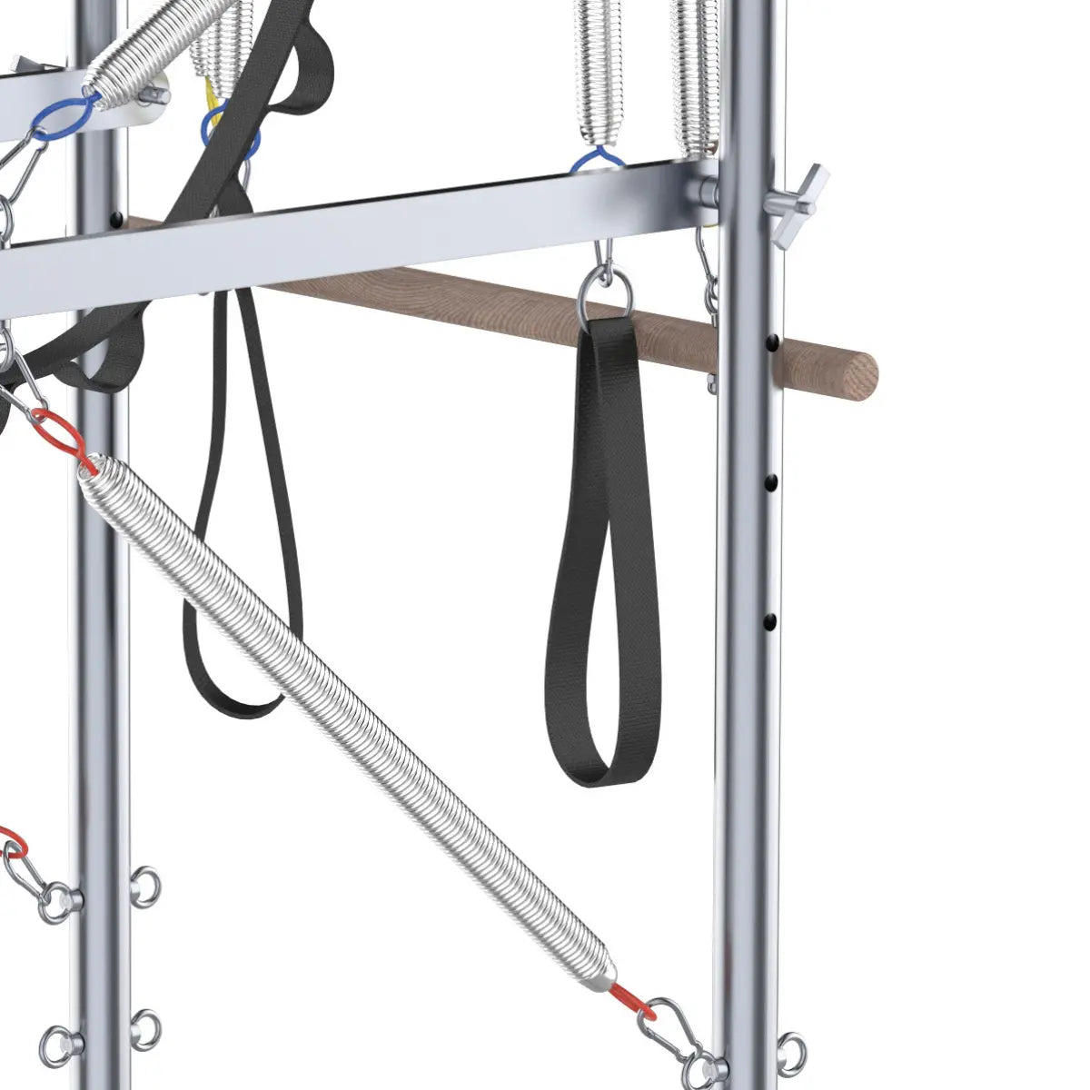 Houten stang met zwarte bandlus, metalen veren en verticale zilverkleurige stijlen.