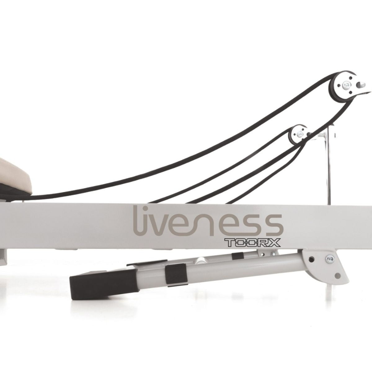 Zijaanzicht van de metalen reformerrail met ‘liveness’-logo en een zwarte rol.