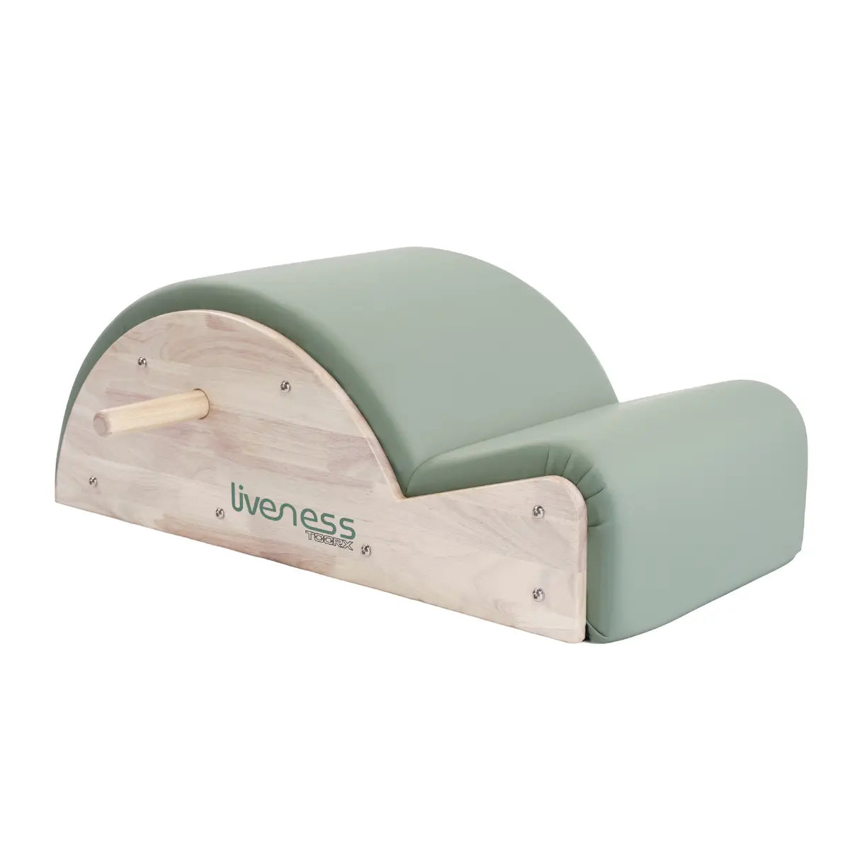 Houten Spine Corrector met groen kussen, van de andere zijde gezien.