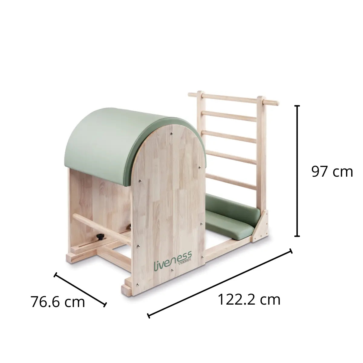 Maatdiagram van de ladder barrel met hoogte 97 cm, breedte 76,6 cm en lengte 122,2 cm.