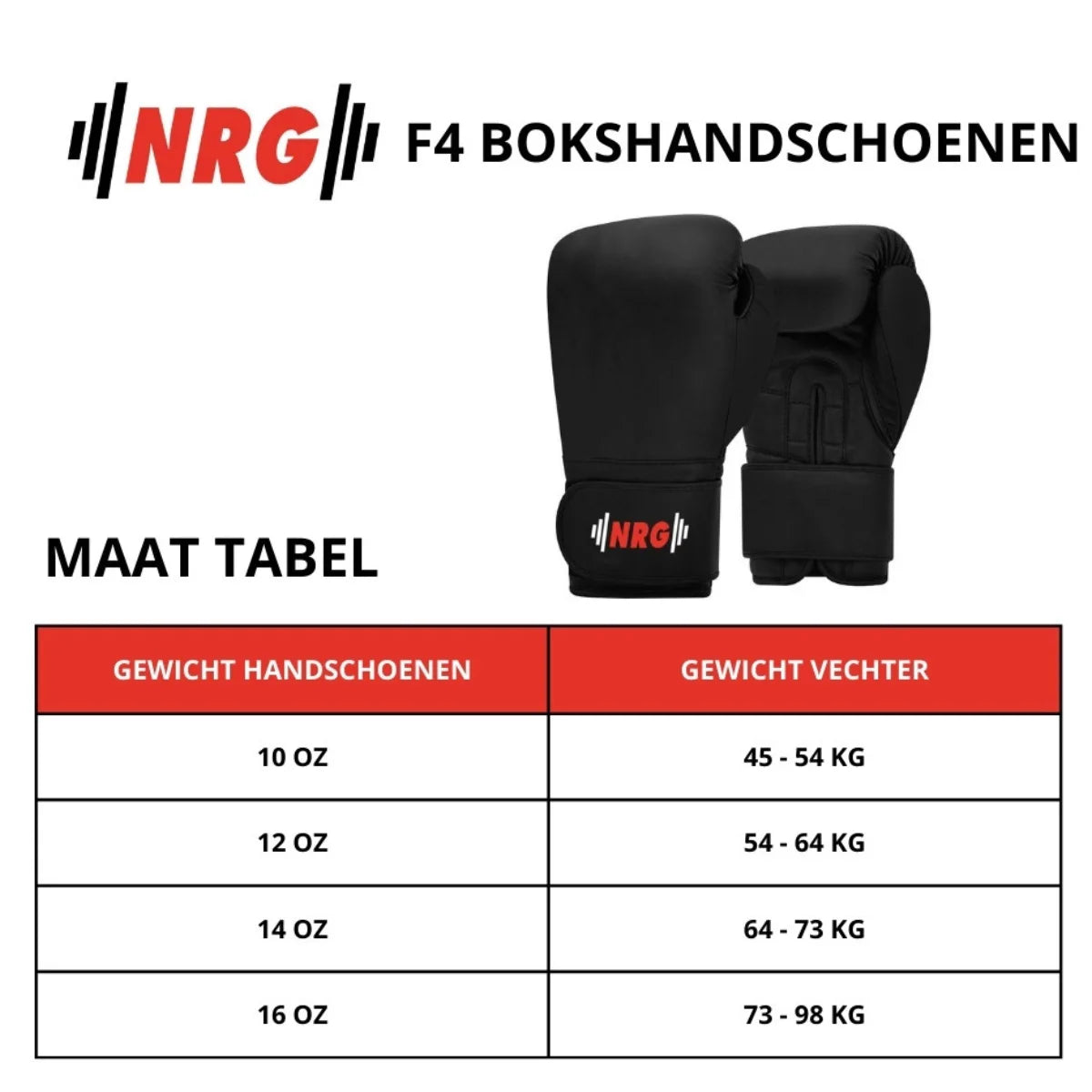 Maattabel voor de zwarte NRG F4 bokshandschoenen