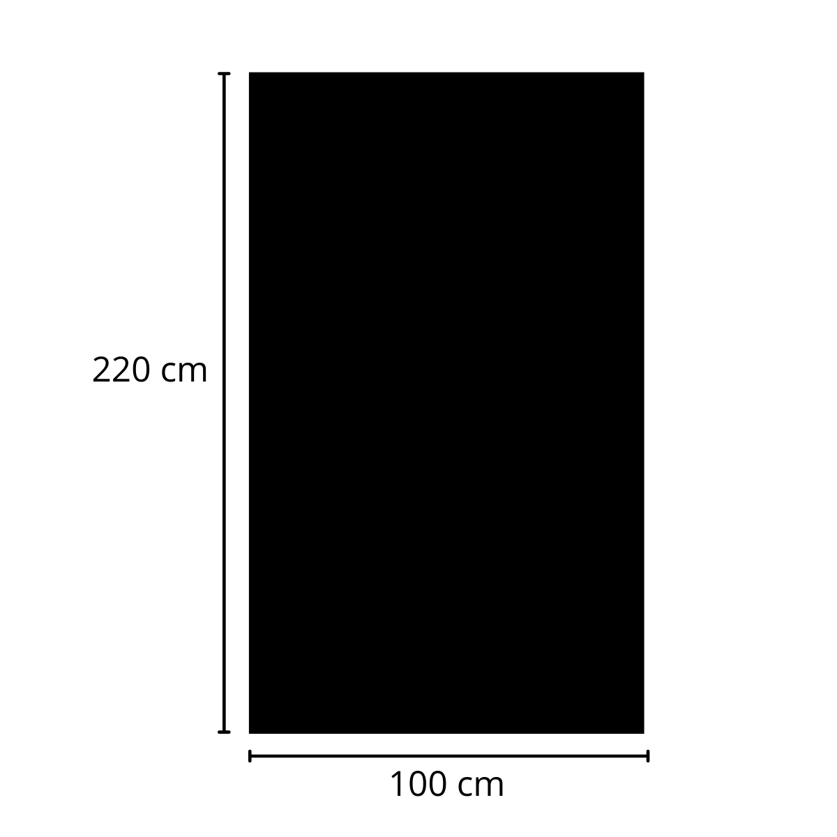 Black rectangular exercise mat on a white background, with dimension lines marking 220 cm long and 100 cm wide.