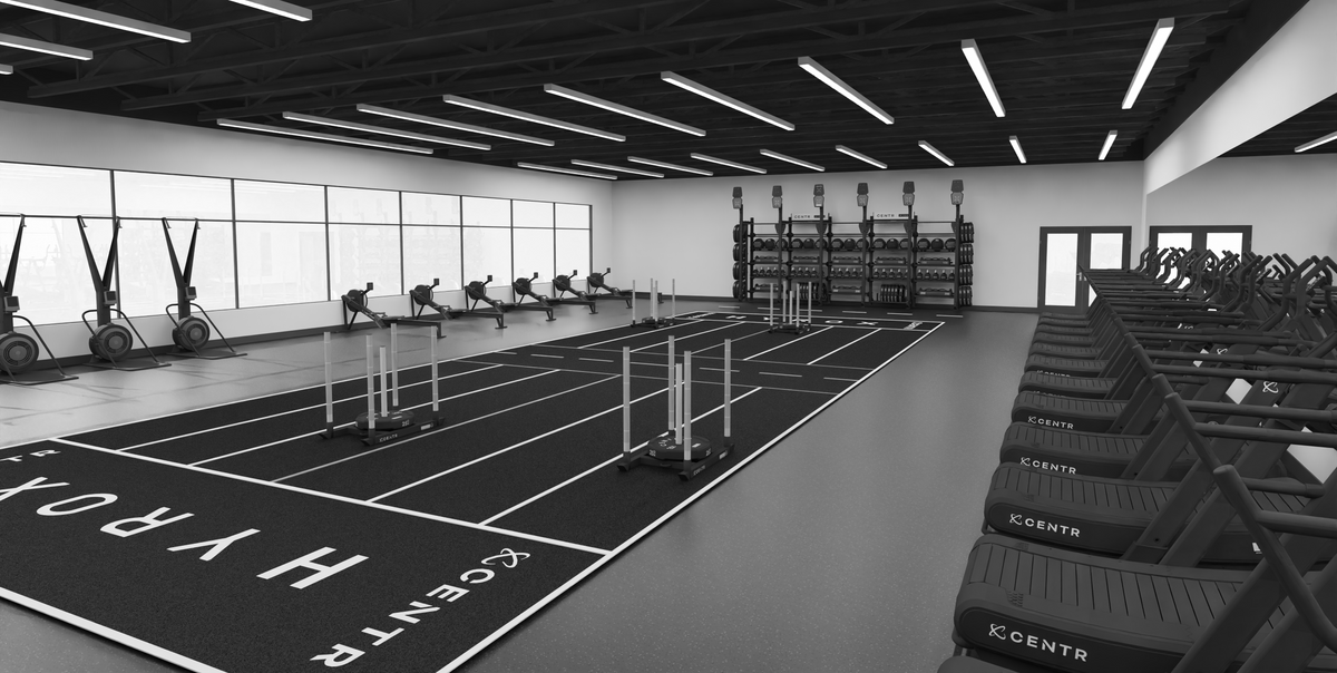 Interieurvisualisatie van een HYROX Training Zone vanuit de hoek