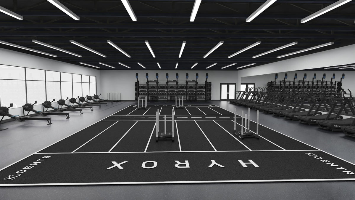 Interieurvisualisatie van een HYROX Training Zone, gezien vanaf de voorzijde