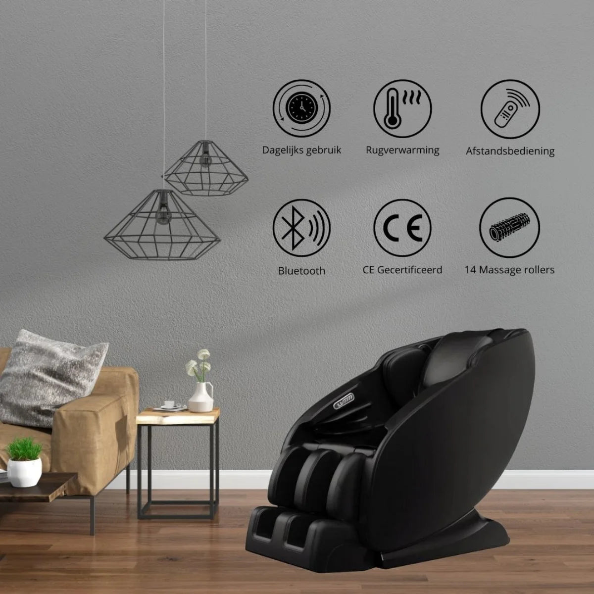 Massagestoel en pictogrammen met labels voor verwarming, afstandsbediening, Bluetooth, CE en massagerollen.