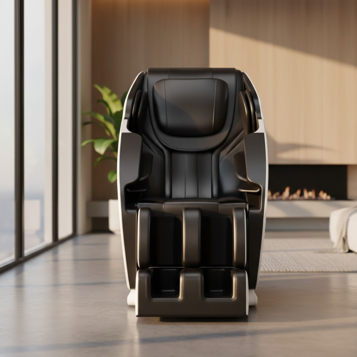 Zwarte massagestoel van voren in een woonkamer met houten wandpanelen.