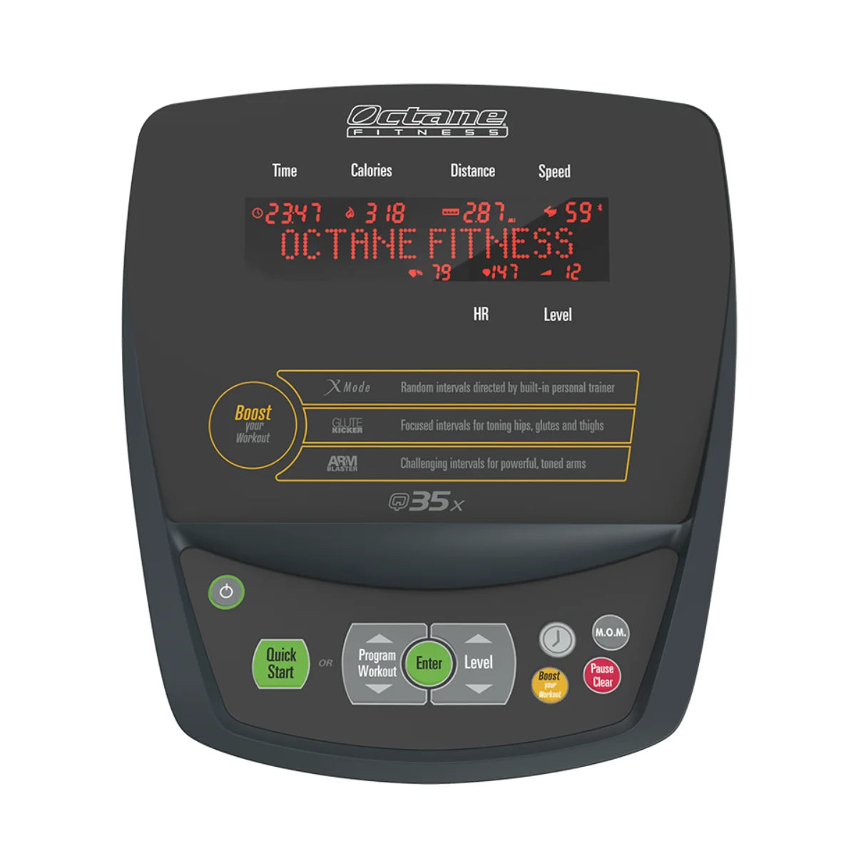 Los Octane Q35X-display met knoppen voor programma’s, niveau en ‘Quick Start’.