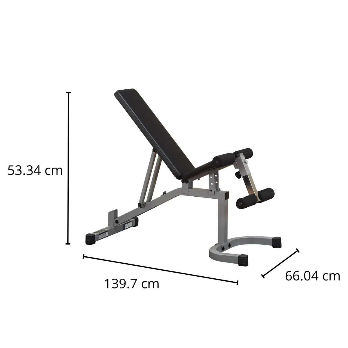 Maatdiagram van verstelbare bank met aanduidingen 53,34 cm, 139,7 cm en 66,04 cm.