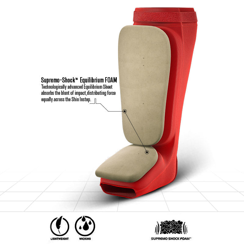 Red shin and instep guard with a beige inner surface and an inset showing the layered padding.