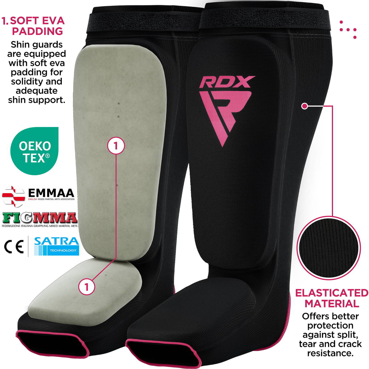 A pair of black shin and instep guards with pink logos and trim, with callouts pointing to the lining and fabric.