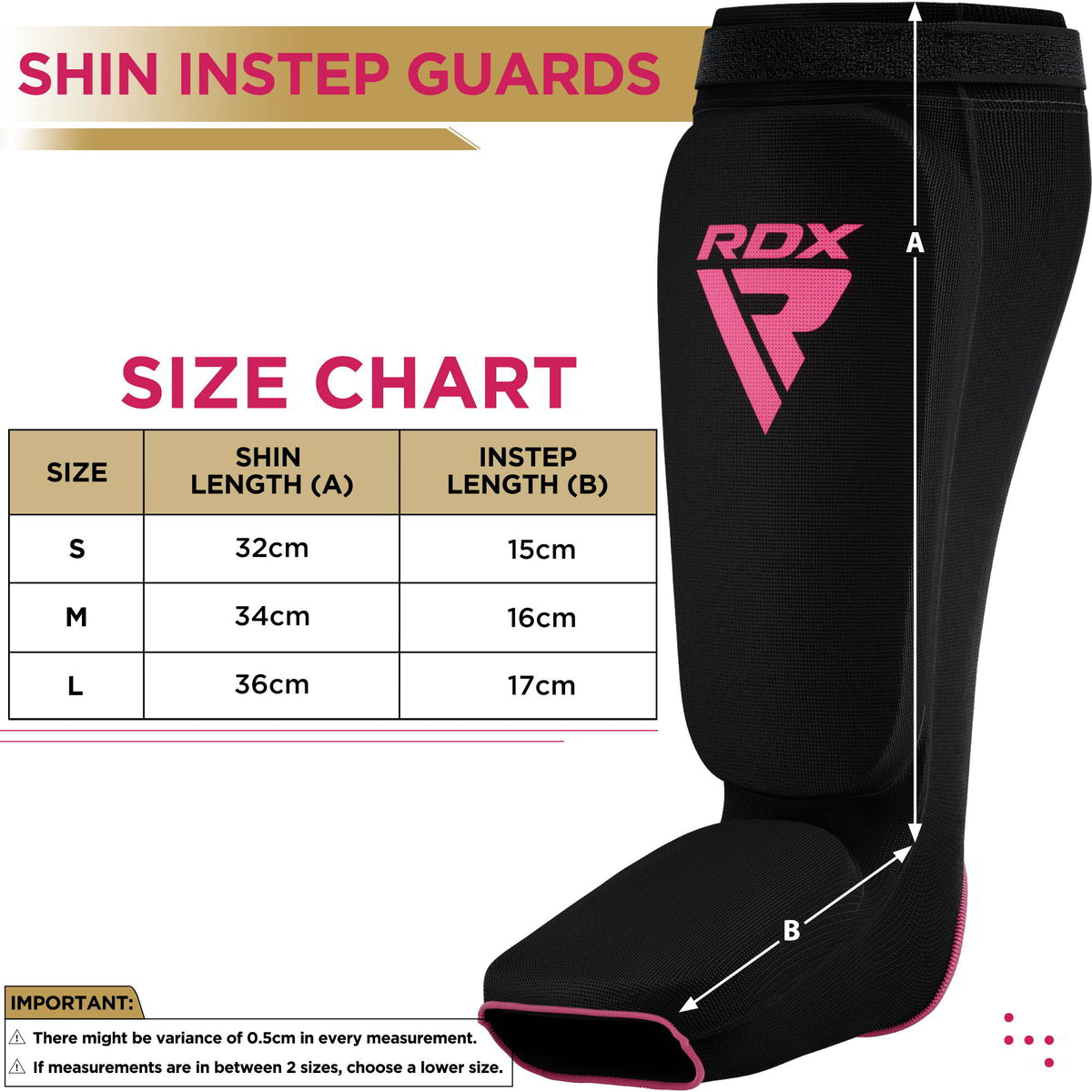 Black shin and instep guard beside the heading “SHIN INSTEP GUARDS” and a size chart for S, M, and L.
