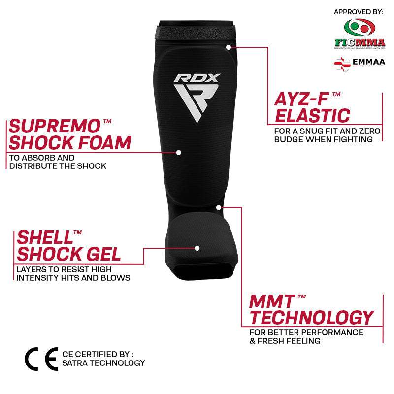 Black shin guard with pink trim and an RDX logo, beside labels reading “SUPREMO+ SHOCK FOAM,” “SHELL SHOCK GEL,” and “MMT TECHNOLOGY.”