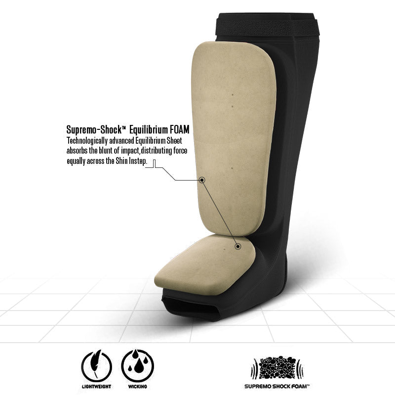 Black shin and instep guard with a beige inner surface; an inset shows the layered padding.