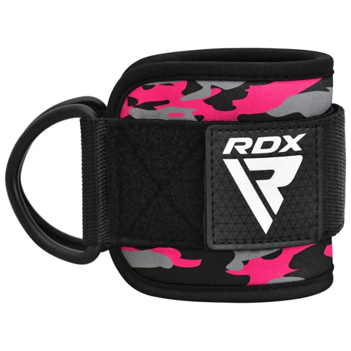 Zwarte RDX-enkelband met roze camouflageprint, brede klittenbandsluiting en bevestigingslus.