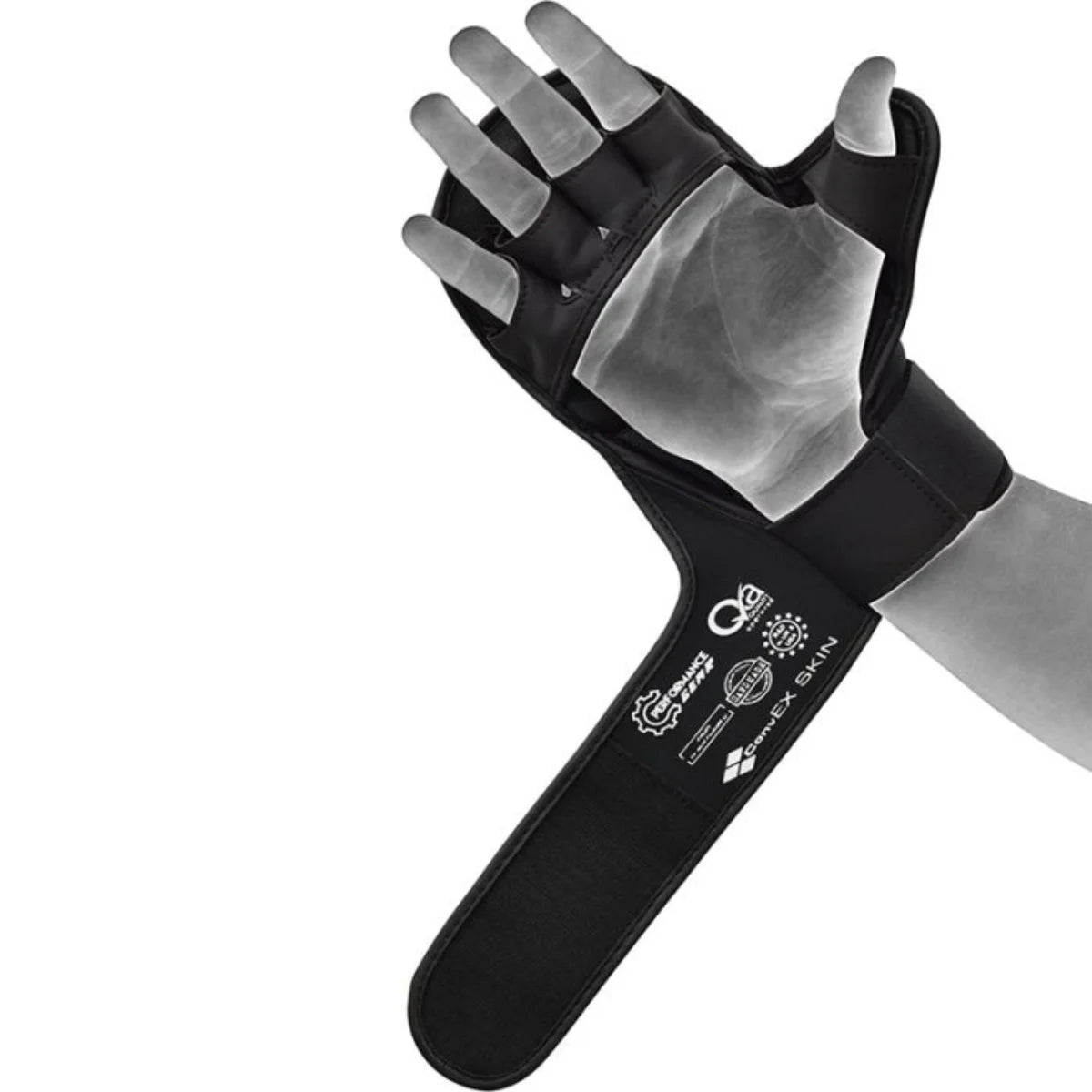 Zwarte vingerloze handschoen schuin in beeld, met grijze handpalm en lange polsband.