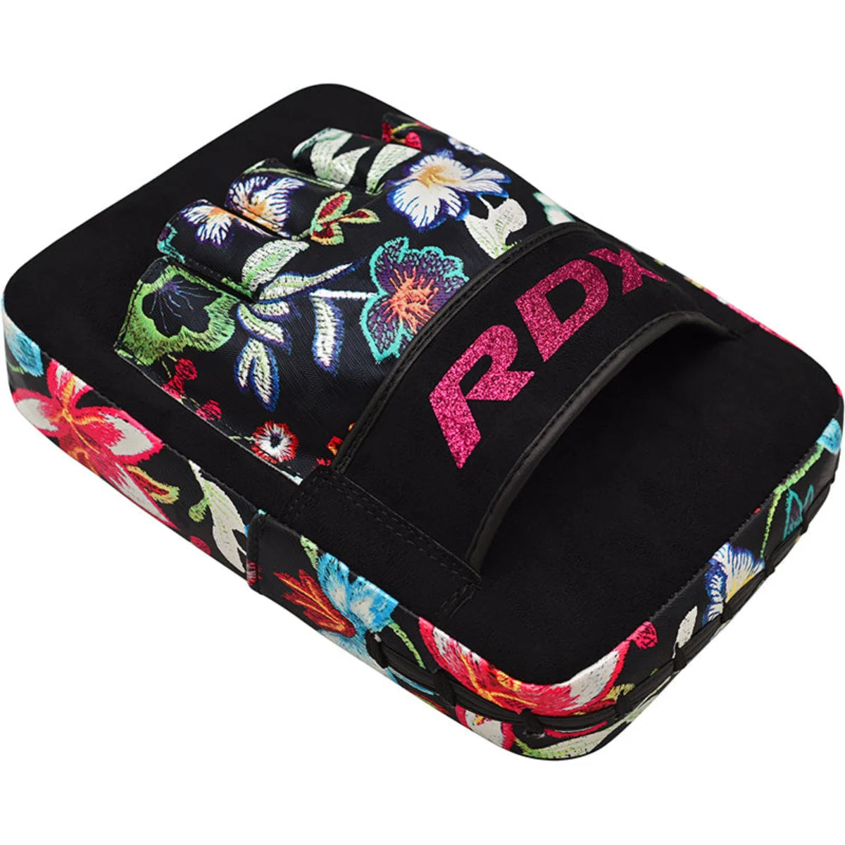 Zwarte RDX-handpad met bloemenprint, roze opschrift en polsband.
