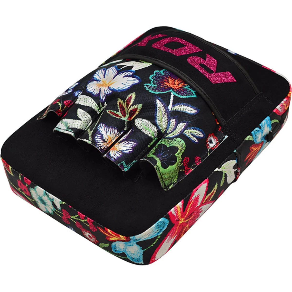 Zwarte RDX-handpad met bloemenprint en roze opschrift, schuin afgebeeld.