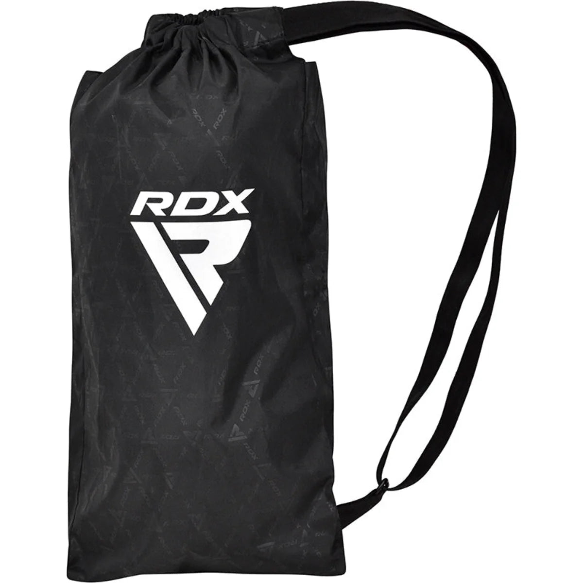Zwarte trekkoordtas met lange draagkoorden en wit RDX-logo.