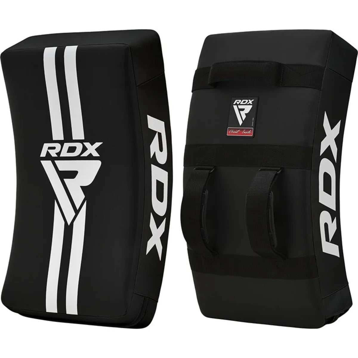 Paar zwarte RDX-kickboksschilden met witte strepen en logo’s, van voor- en achterzijde getoond.