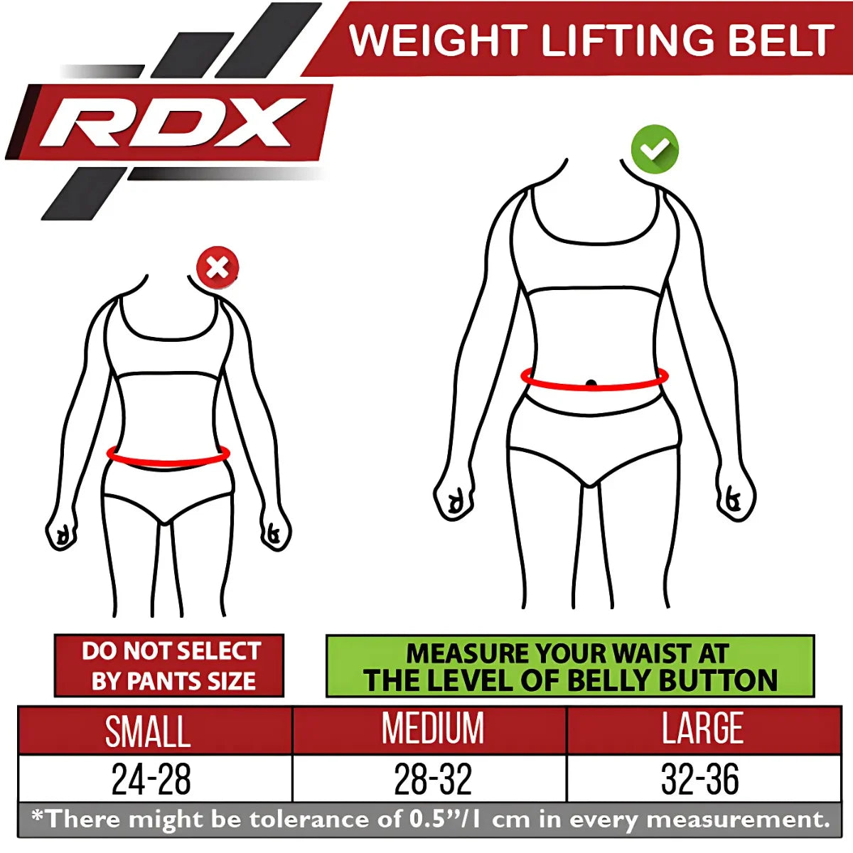 RDX-maatdiagram voor gewichthefriem met meetinstructies en maten S 24–28, M 28–32 en L 32–36.