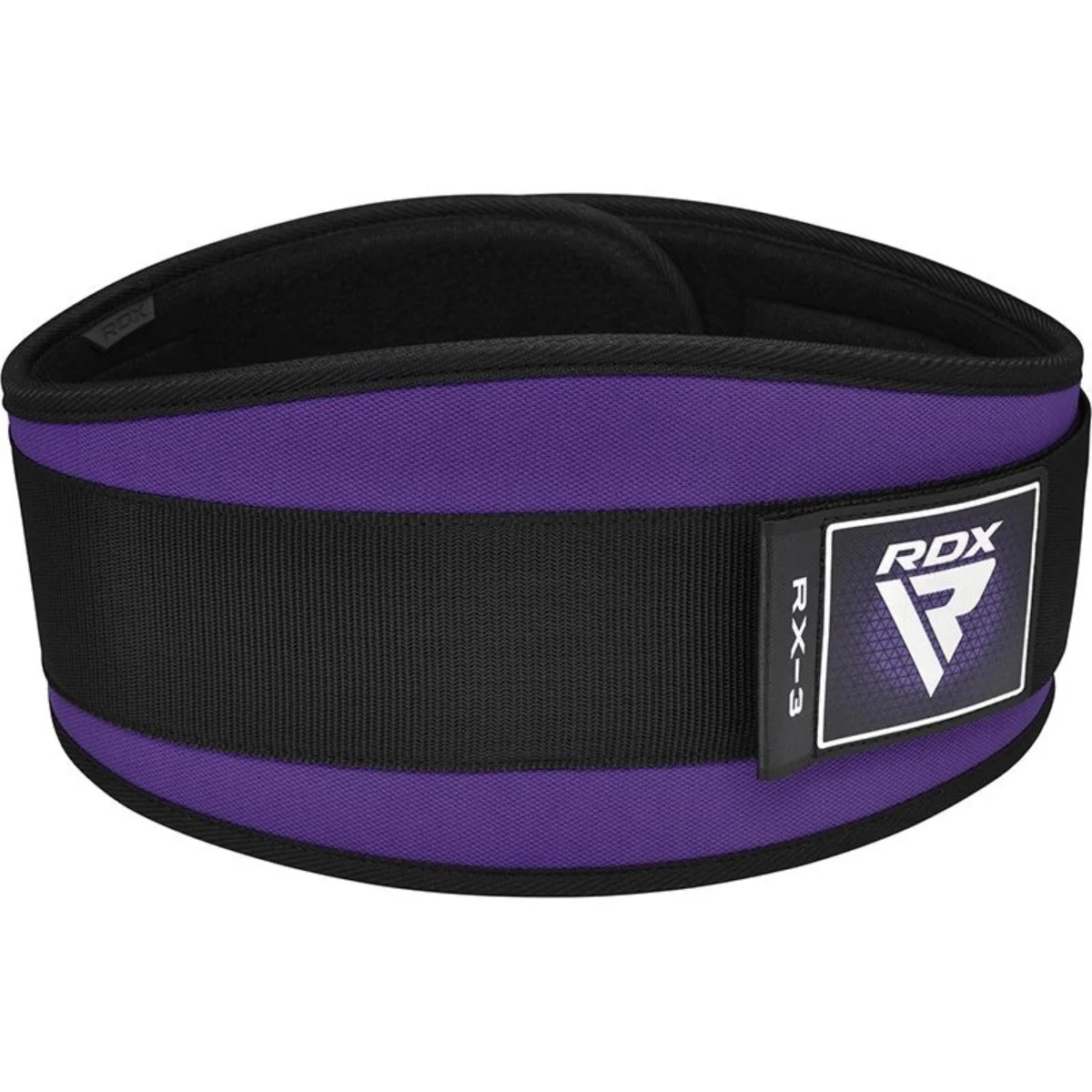 Paars-zwarte RDX-gewichthefriem met brede voorkant en RDX-embleem.