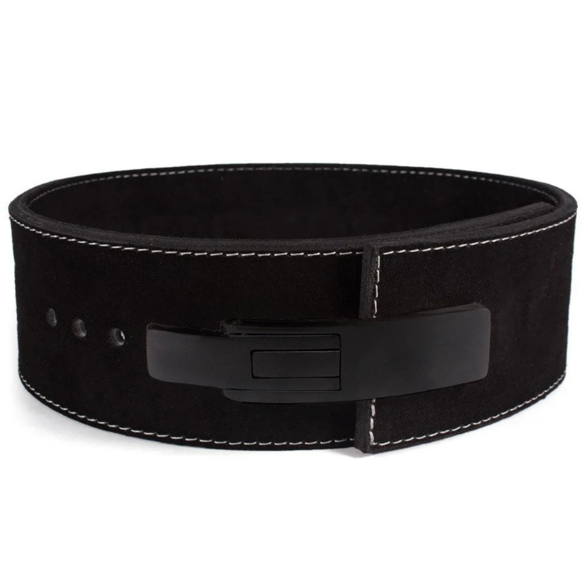 Zwarte powerlift-riem met metalen gesp op een witte achtergrond.
