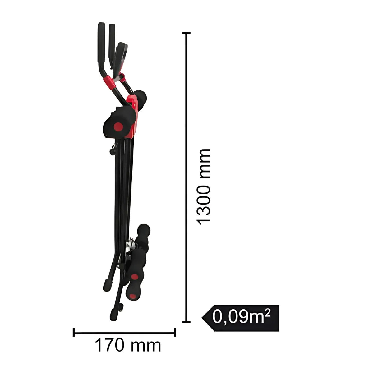 Technische tekening van de ingeklapte buikspierplank met maten 1300 mm en 177 mm en aanduiding 0,09 m².