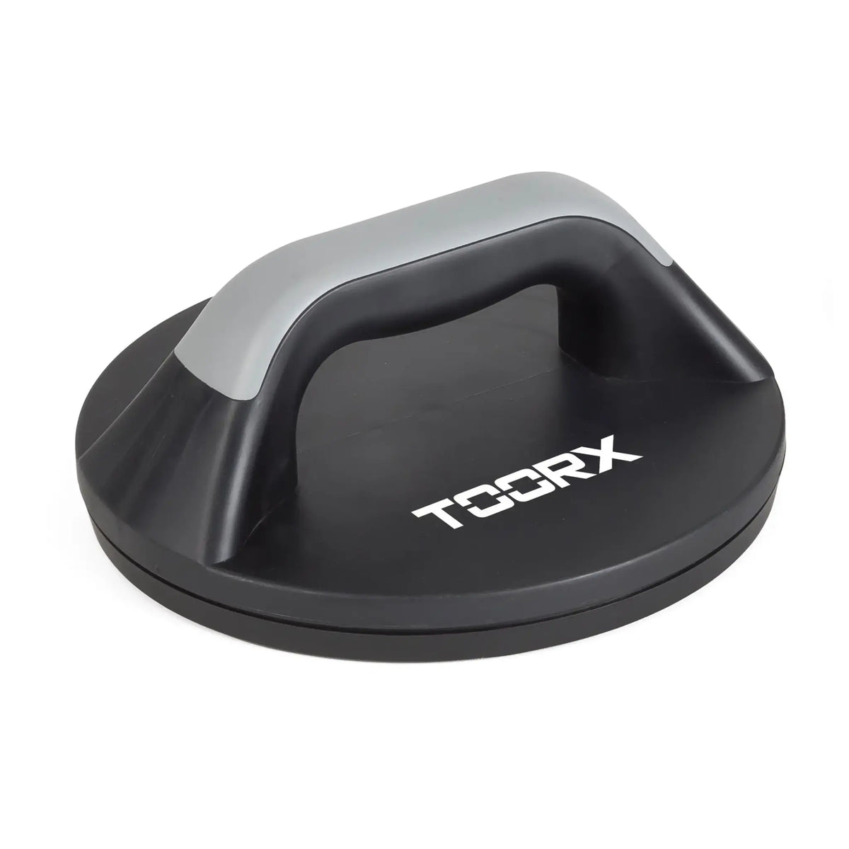Schuin aanzicht van zwarte opdruksteun met gebogen handgreep en wit TOORX-logo.