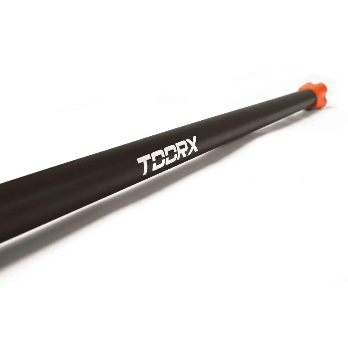 Close-up van een zwarte bodybar met het TOORX-logo en een rood uiteinde.
