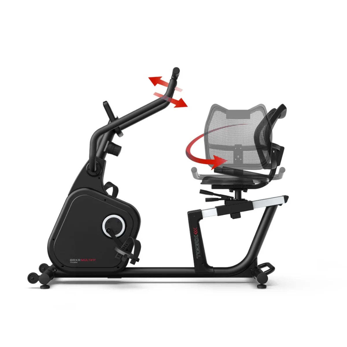 Schema van ligfiets met rode pijlen bij stuur en verstelbare rugleuning; opschrift BRX-R MULTIFIT.