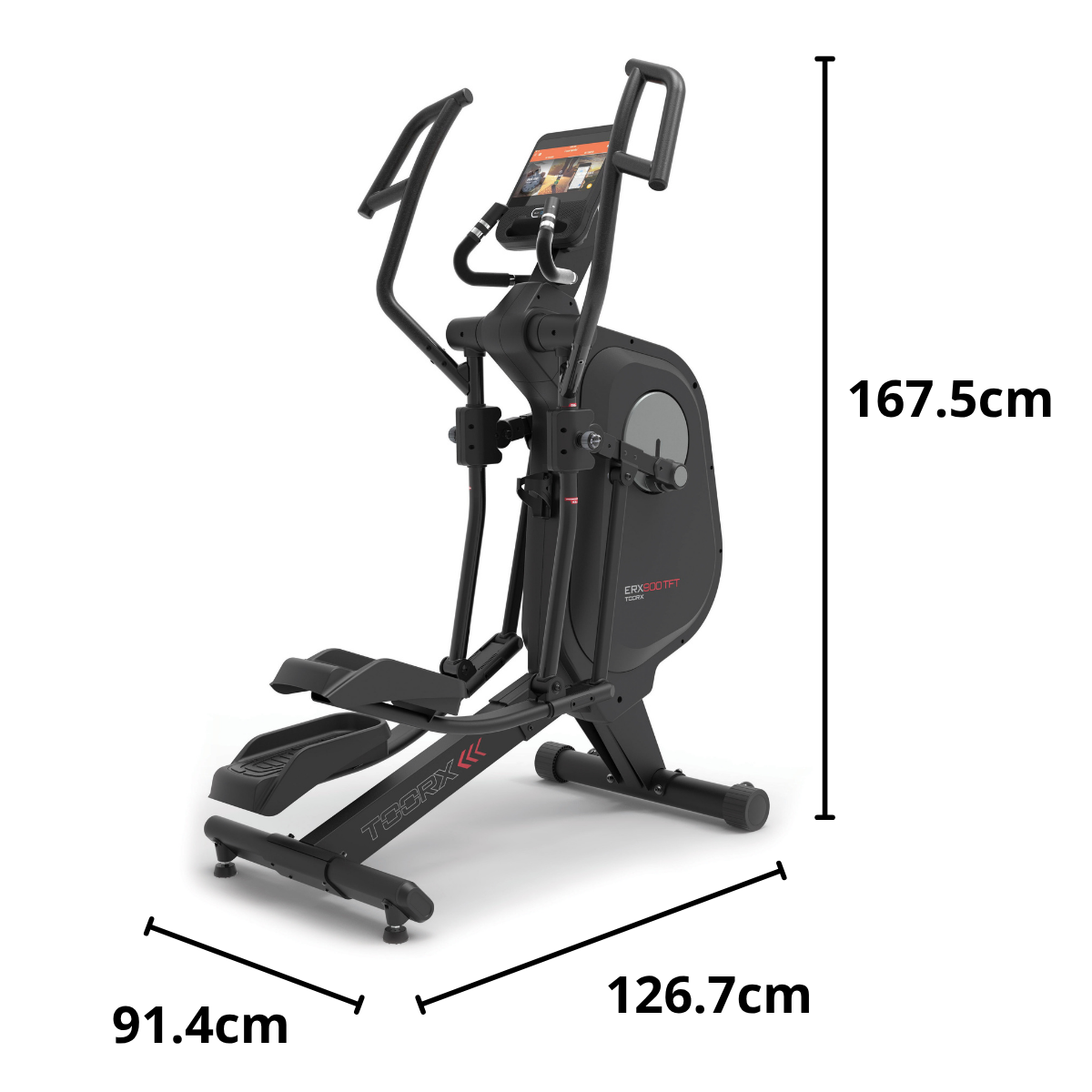 Zwart-zilveren crosstrainer met maatlabels 167,5 cm, 126,7 cm en 91,4 cm.