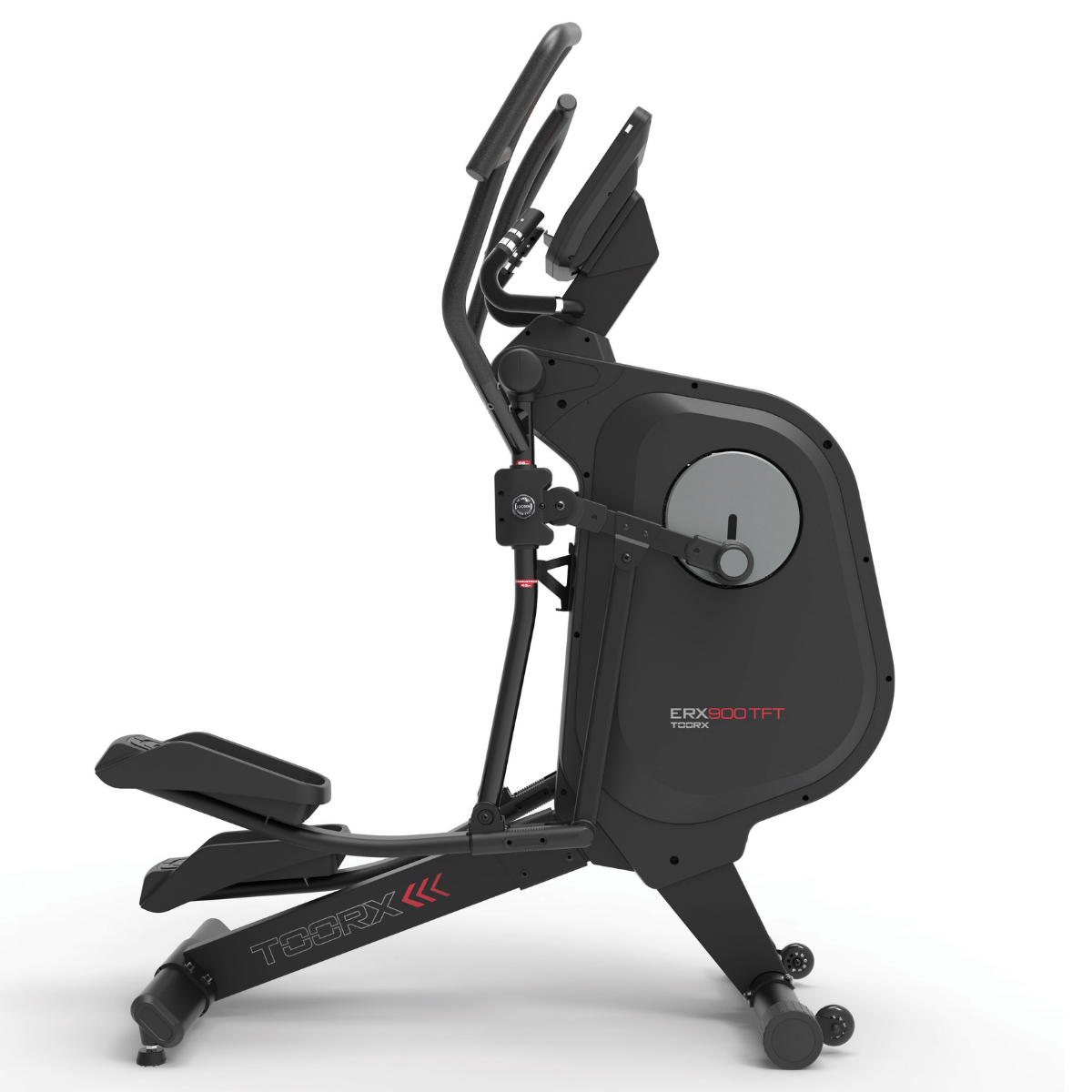 Zwart-zilveren crosstrainer met lange beweegbare pedalen, schuin van opzij gezien.