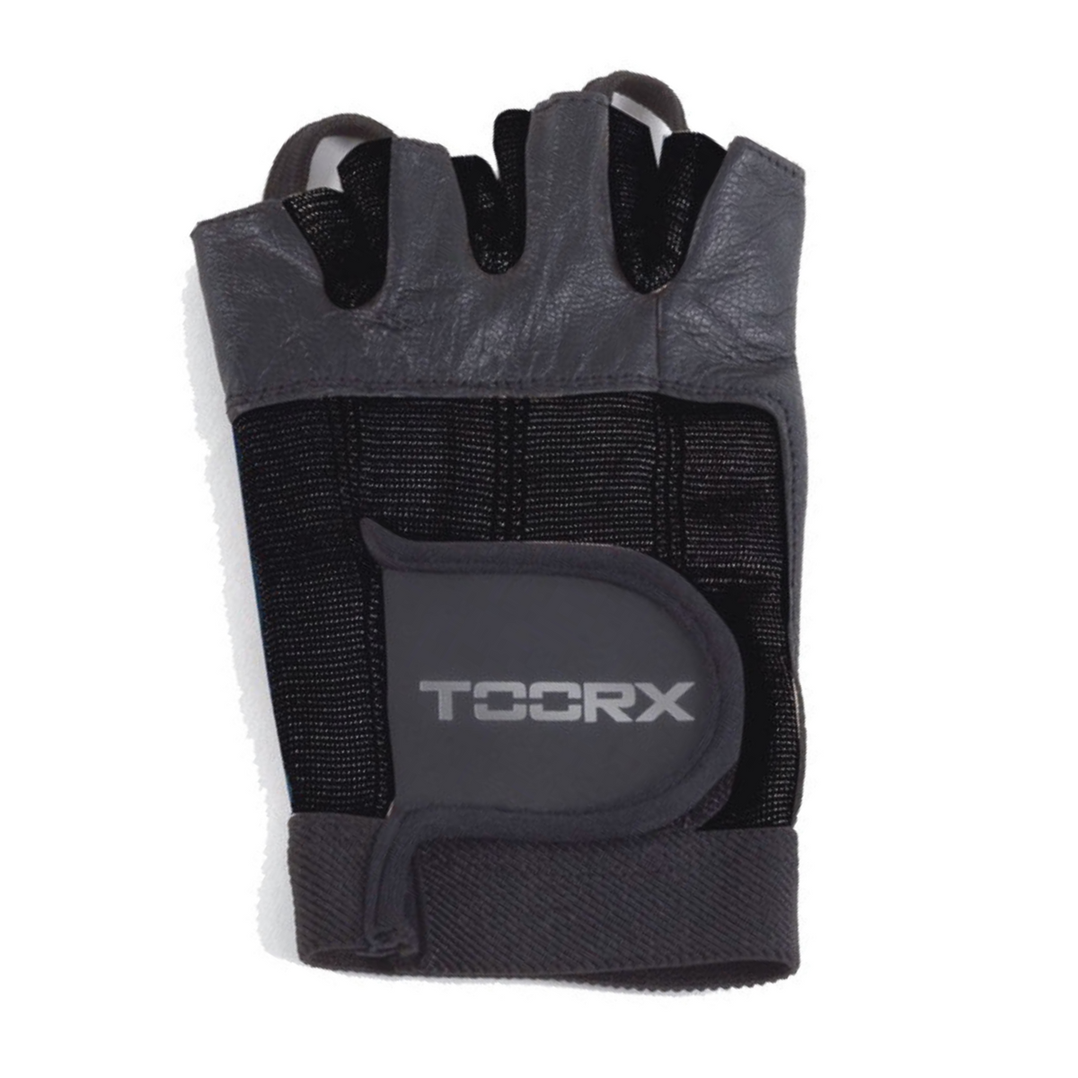 Close-up van de handrugzijde van een zwarte leren fitnesshandschoen met TOORX-logo.