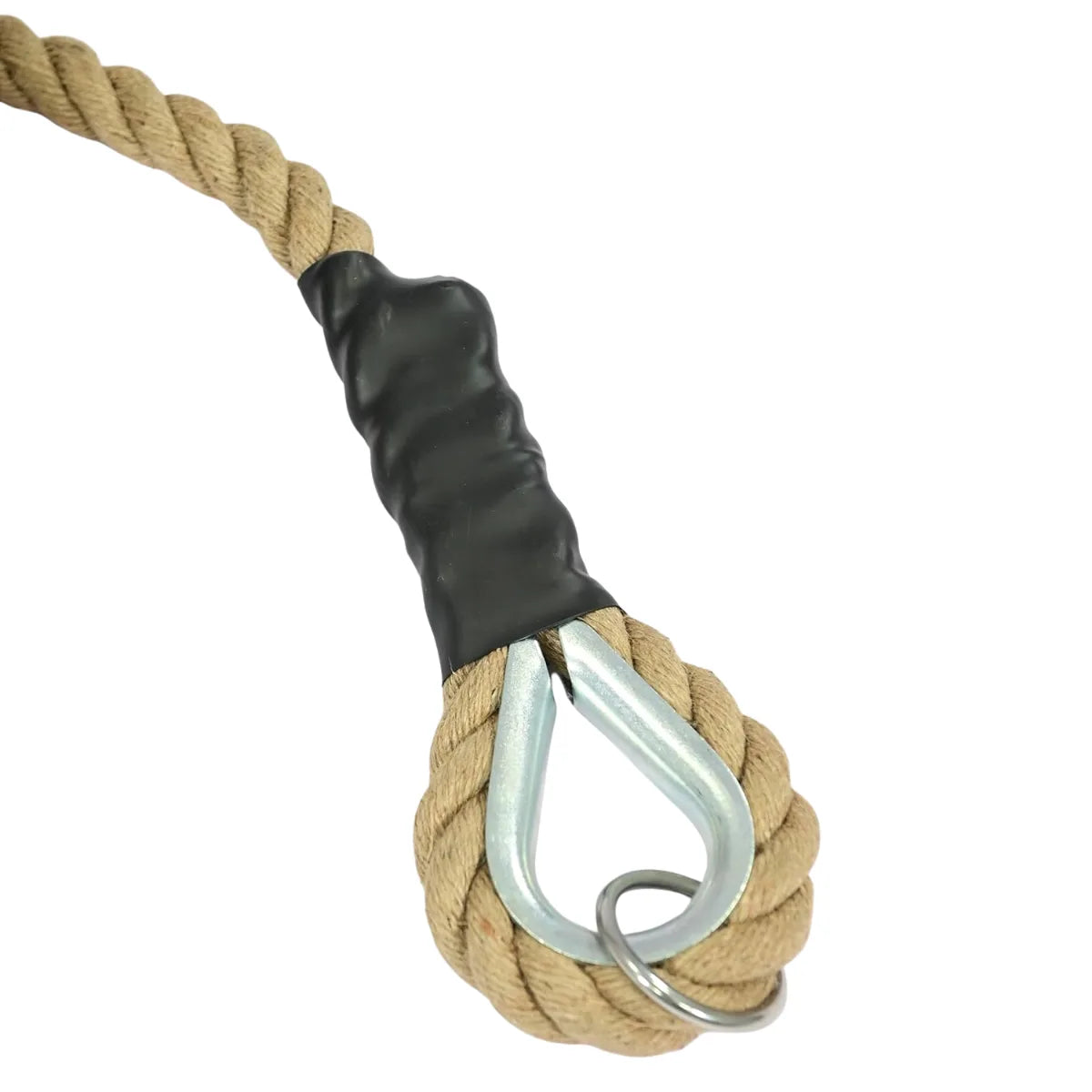 Opgerold beige klimtouw met zwarte uiteinden en metalen bevestigingslus.