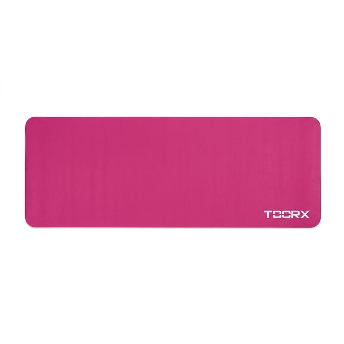 Close-up van roze elastische trainingsband met wit TOORX-logo.