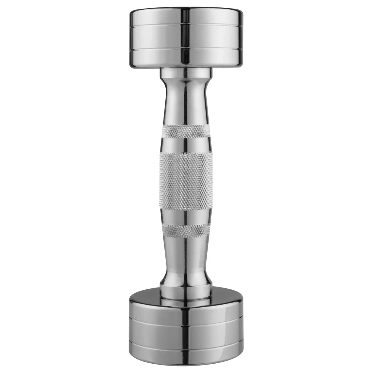 Verchroomde dumbbell rechtopstaand op witte achtergrond.