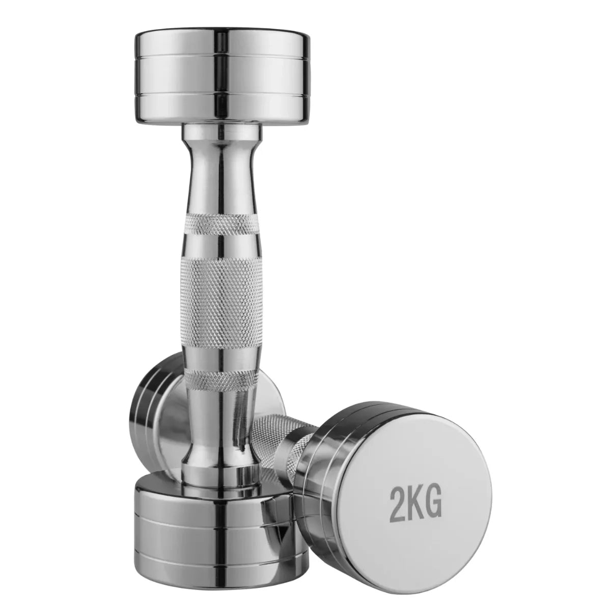Twee verchroomde dumbbells; op de voorste staat 2KG.